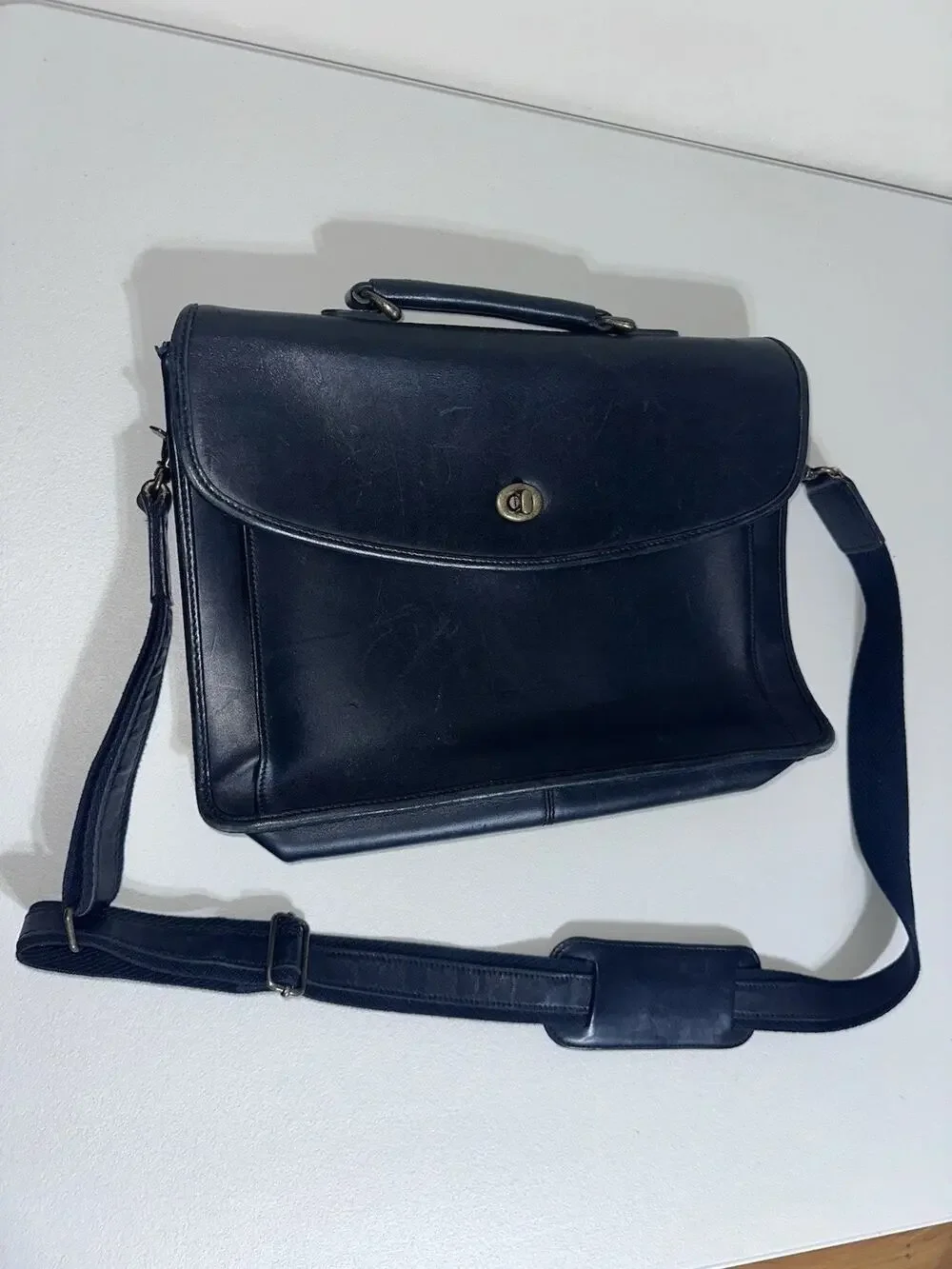 Black Leather Vtg Messenger Bag Turn Lock Laptop Bag Briefcase